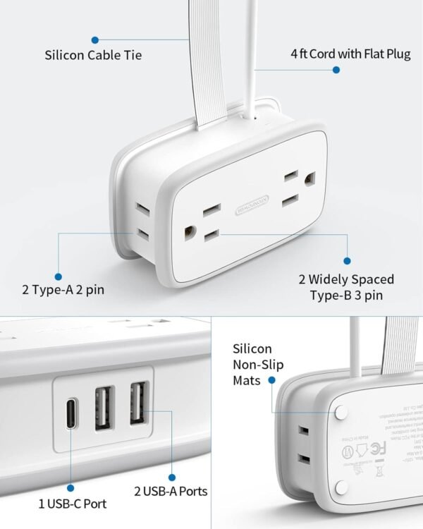 Travel Power Strip with USB C, NTONPOWER 4 Outlets 3 USB(1 USB-C), 4ft Flat Plug Extension Cord with USB C Ports, Portable Power Strip Flat Plug, Compact for Travel Hotel Cruise Essentials, White - Image 7