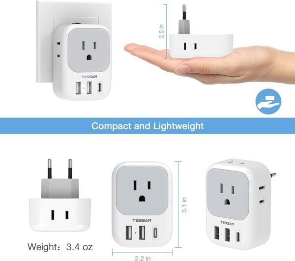 2 Pack European Travel Plug Adapter USB C, TESSAN US to Europe Plug Adapter with 4 Outlets 3 USB Charger (1 USB C Port), Type C Power Adaptor to Italy Spain France Portugal Iceland Germany, white gray - Image 6