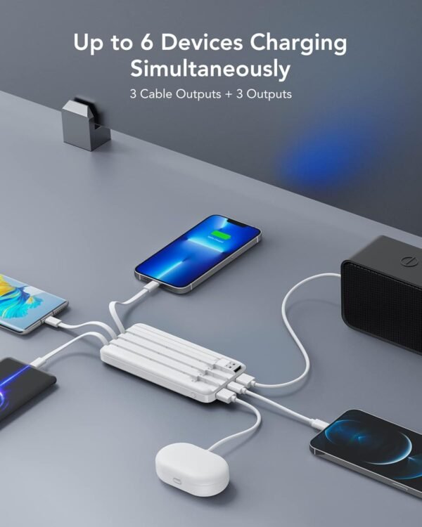 Portable Charger with Built in Cables, Portable Charger with Cords Wires Slim 10000mAh Travel Battery Pack 6 Outputs 3 Inputs 3A Fast Charging Power Bank for Samsung Google Pixel LG Moto iPhone iPad - Image 3