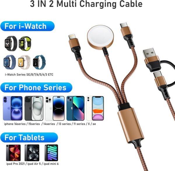 Multi 3 in 2 Charging Cable for Apple Watch Charger, Travel for iPhone Charger USB C Lightning Fast Charging Cable Compatible with iWatch Ultra/SE/9/8/7/6/5/4/3/2/1 & iPhone 15/14/13/12/11/Galaxy S23 - Image 7