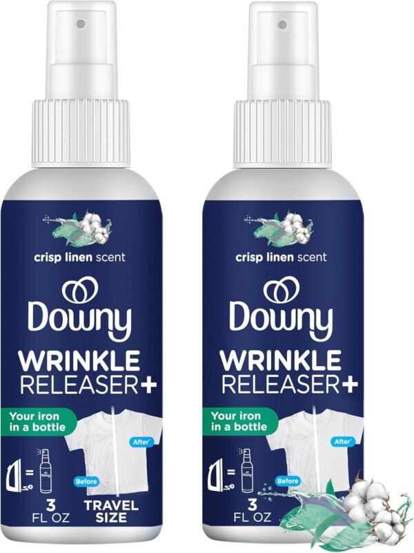 Downy Wrinkle Releaser Spray All In One Wrinkle Release Spray Travel Size, Odor Eliminator, Static Remover Fabric Refresher & Ironing Aid for Clothes 3 Fl Oz (Pack of 2), Crisp Linen Scent