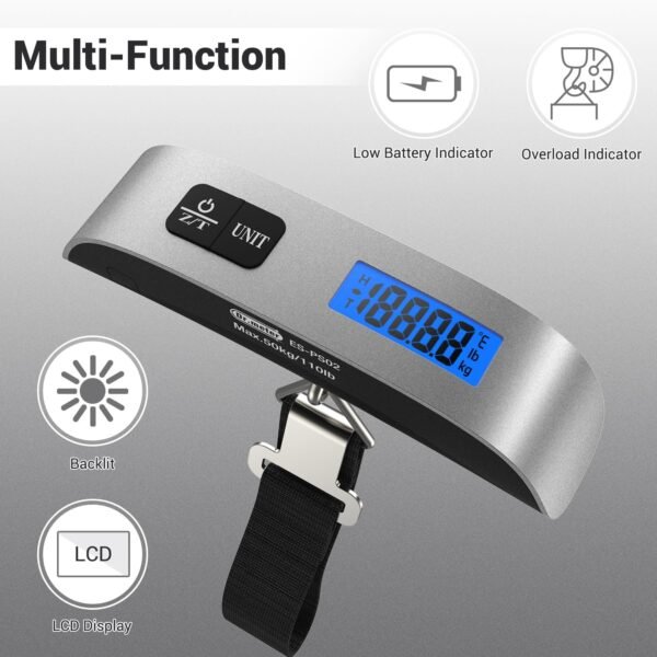 Luggage Scale, Dr.meter Luggage Weight Scale Backlight LCD Display PS02 110lb/50kg Electronic Balance Digital Postal Travel Accessories with Rubber Paint Handle Temperature Sensor Silver - Image 2