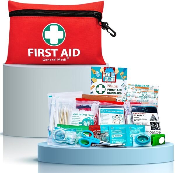 General Medi Mini First Aid Kit, 110 Piece Small First Aid Kit - Includes Emergency Foil Blanket, Scissors for Travel, Home, Office, Vehicle, Camping, Workplace & Outdoor (Red)