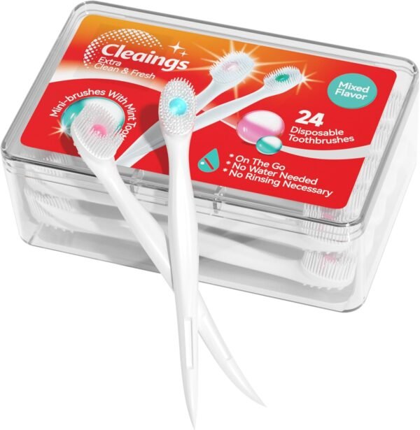 cleaings® Mini Brushes-Disposable Toothbrushes with Toothpaste and Pick for Work or Travel, 24 Count (Mint Flavor（Pack of 1）)