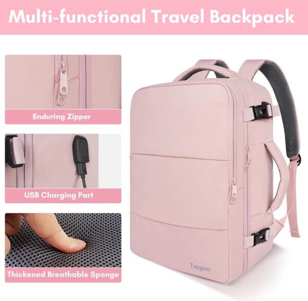 Taygeer Travel Backpack for Women, Carry On Backpack with USB Charging Port & Shoe Pouch, TSA 15.6inch Laptop Mochila Flight Approved, Nurse Bag Casual Daypack for Weekender Business Hiking, Pink - Image 8