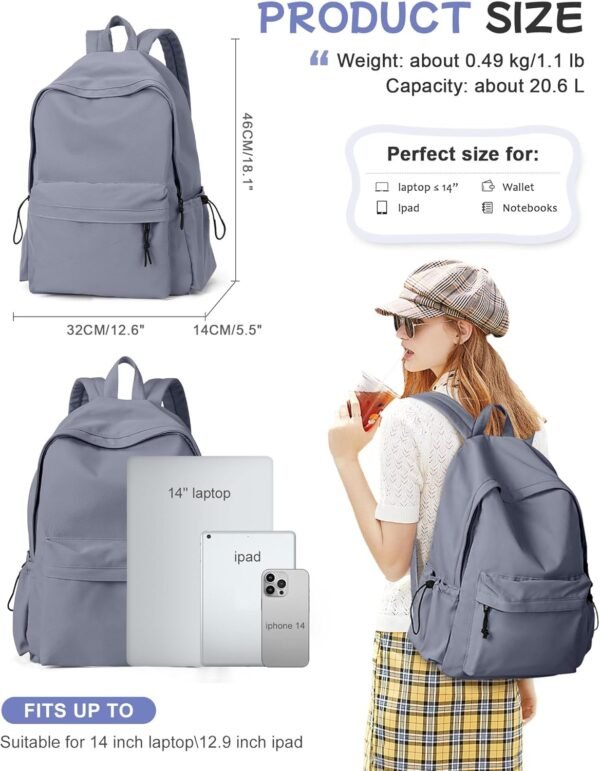 Blue Classic Basic Backpack for Women, Waterproof High School Bookbag, Lightweight Casual Travel Daypack, College Backpack Men, Middle School Bag for Girls Boys - Image 3