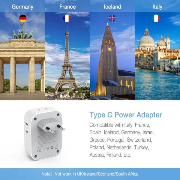 2 Pack European Travel Plug Adapter USB C, TESSAN US to Europe Plug Adapter with 4 Outlets 3 USB Charger (1 USB C Port), Type C Power Adaptor to Italy Spain France Portugal Iceland Germany, white gray - Image 2