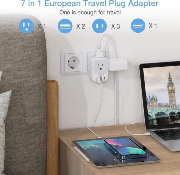 2 Pack European Travel Plug Adapter USB C, TESSAN US to Europe Plug Adapter with 4 Outlets 3 USB Charger (1 USB C Port), Type C Power Adaptor to Italy Spain France Portugal Iceland Germany, white gray - Image 3