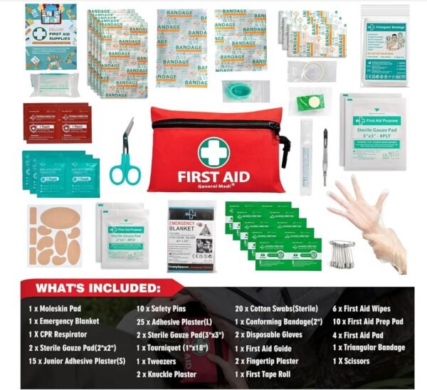 General Medi Mini First Aid Kit, 110 Piece Small First Aid Kit - Includes Emergency Foil Blanket, Scissors for Travel, Home, Office, Vehicle, Camping, Workplace & Outdoor (Red) - Image 2