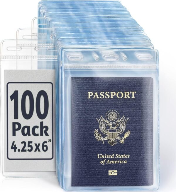 EcoEarth Passport & Identification Card Holders with Soft Edge (Clear, 4x6 Inch, 100 Pack), Extra Large Vertical ID Holder, Zipperless Plastic Name Badge Holders