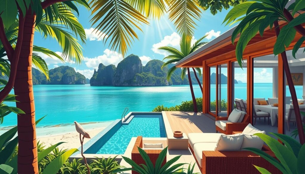 A luxurious villa nestled amidst lush tropical foliage, surrounded by the turquoise waters of the Andaman Sea. The sun's warm rays cascade through floor-to-ceiling windows, illuminating the elegant interior. Plush furnishings, natural wood accents, and a private infinity pool create an atmosphere of refined relaxation. Earth Voyages' signature service and attention to detail ensure an unforgettable Phuket experience. In the background, the iconic limestone cliffs of Phang Nga Bay rise majestically, adding to the breathtaking scenery. A tranquil oasis of comfort and beauty, perfect for discerning travelers seeking the ultimate in Phuket luxury accommodations.