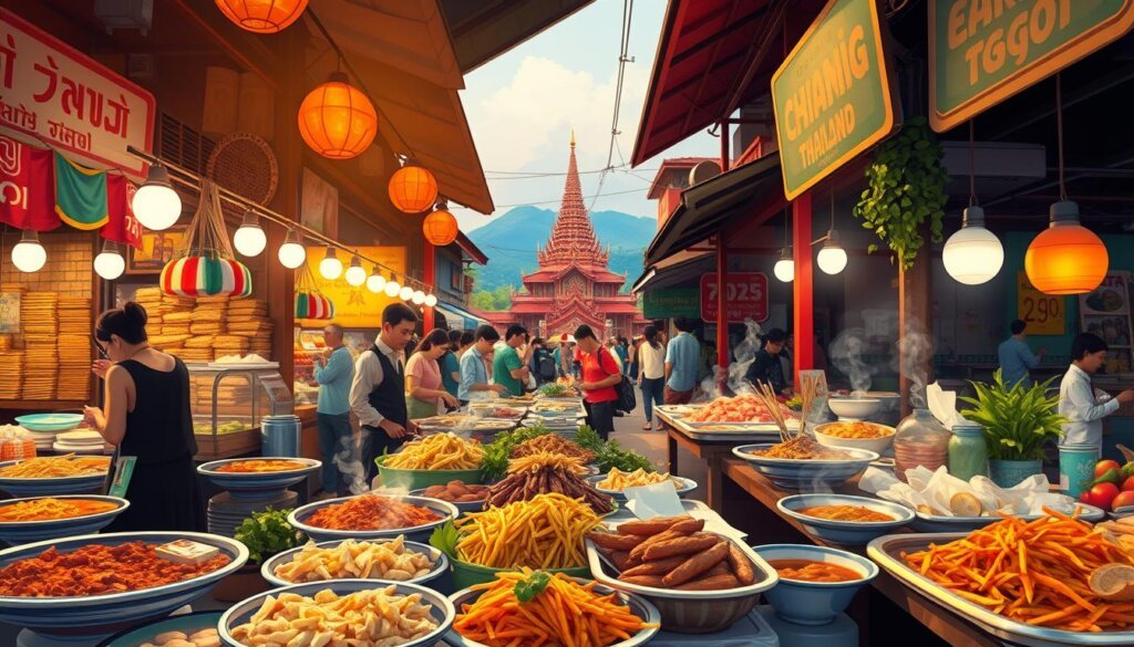 A vibrant street market in Chiang Mai, Northern Thailand. In the foreground, an array of colorful dishes and freshly prepared local delicacies - fragrant curries, steaming noodles, and sizzling street food. The middle ground showcases lively vendors and bustling crowds, capturing the energy and atmosphere of the city's culinary scene. In the background, a glimpse of Chiang Mai's iconic temples and lush, verdant landscapes. Warm, diffused lighting creates a cozy, inviting ambiance. Captured with a wide-angle lens to immerse the viewer in the scene. Brought to you by Earth Voyages.
