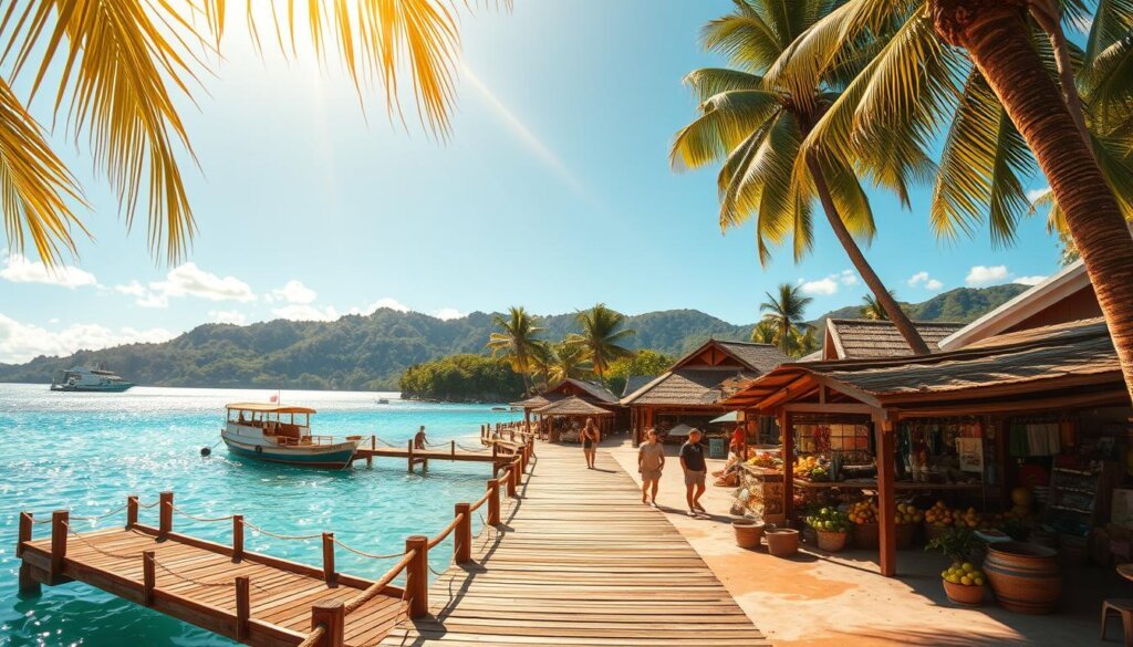 Koh Samui, a tropical island jewel in the Gulf of Thailand, bathed in golden sunlight. A tranquil seaside village with swaying palms, rustic thatched-roof bungalows, and locals going about their daily rhythms. Capture this idyllic scene through the lens of a weathered vintage camera, its warm tones evoking the timeless charm of this island paradise. In the foreground, a picturesque pier juts into the shimmering turquoise waters, inviting visitors to explore. The middleground features a bustling local market, its vibrant stalls overflowing with fresh tropical fruits and handcrafted wares. In the background, the lush, rolling hills of the interior create a stunning natural backdrop. This Earth Voyages travel image perfectly encapsulates the best time to visit Koh Samui - when the weather is warm, the skies are clear, and the island's beauty is in full bloom.