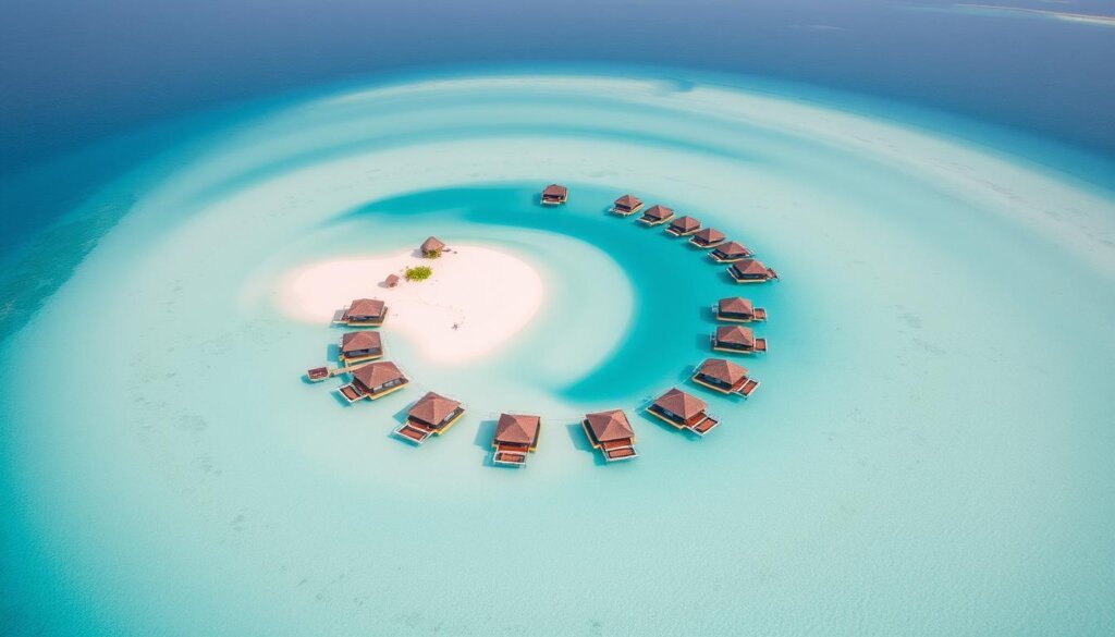 Aerial view of Maldives islands with turquoise waters and white sand beaches