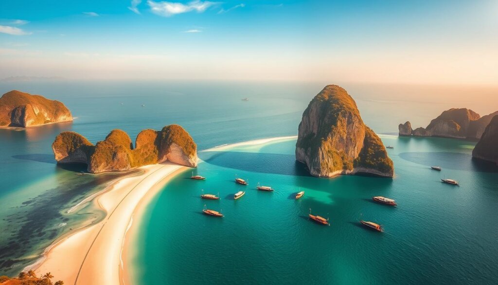 Aerial view of Thailand's stunning coastline with limestone karsts and turquoise waters - Thailand travel guide essential view