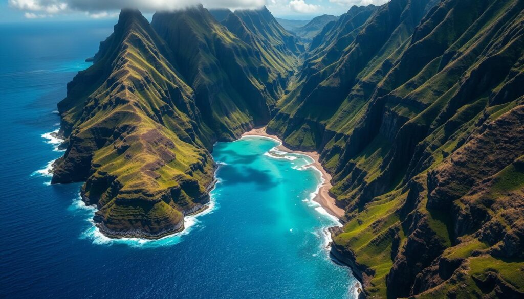 Aerial view of the dramatic Na Pali Coast in Kauai, Hawaii Travel Guide scenic wonder
