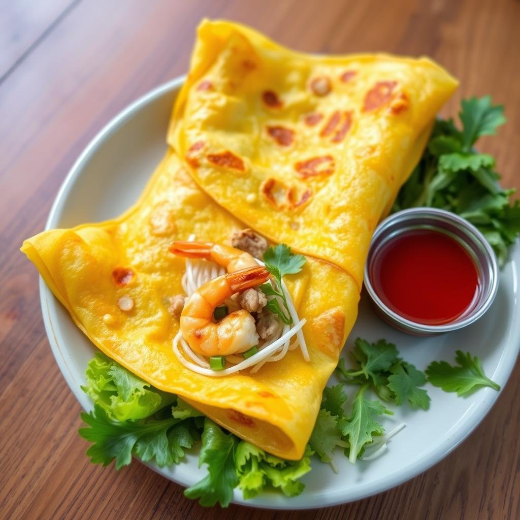 Banh Xeo Vietnamese crispy pancake with shrimp and bean sprouts