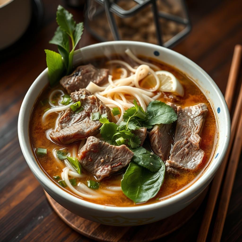 Bowl of authentic Vietnamese pho noodle soup with herbs and lime
