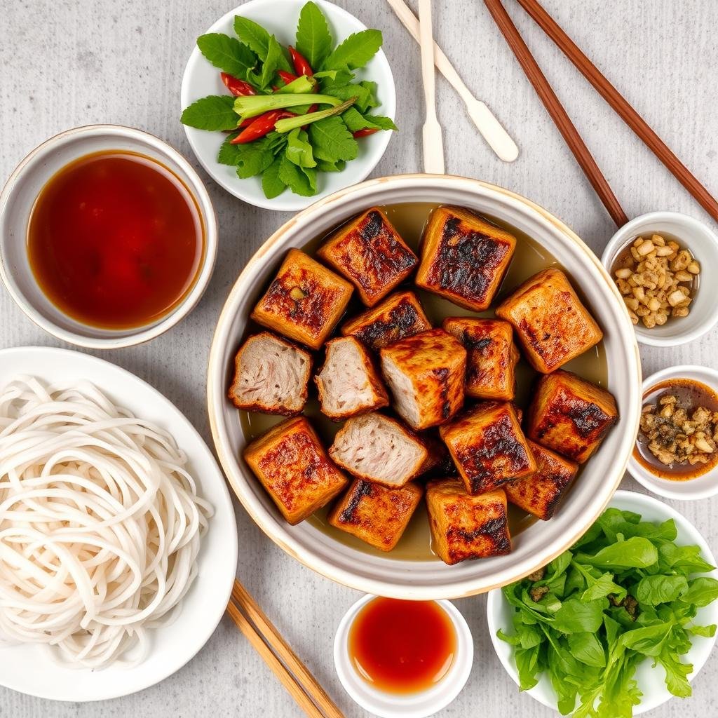 Bun Cha dish with grilled pork, noodles, herbs and dipping sauce