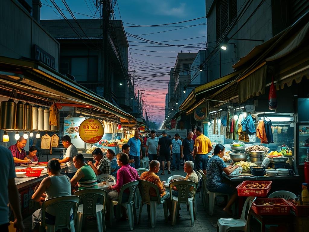 Busy Vietnamese street food market with vendors and customers