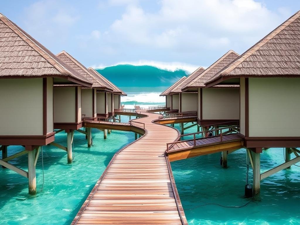Cinnamon Dhonveli water bungalows connected by wooden walkway