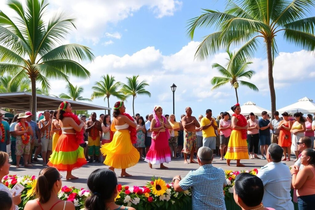 Colorful Lei Day Celebration in Hawaii with dancers performing traditional hula, Hawaii Travel Guide cultural event