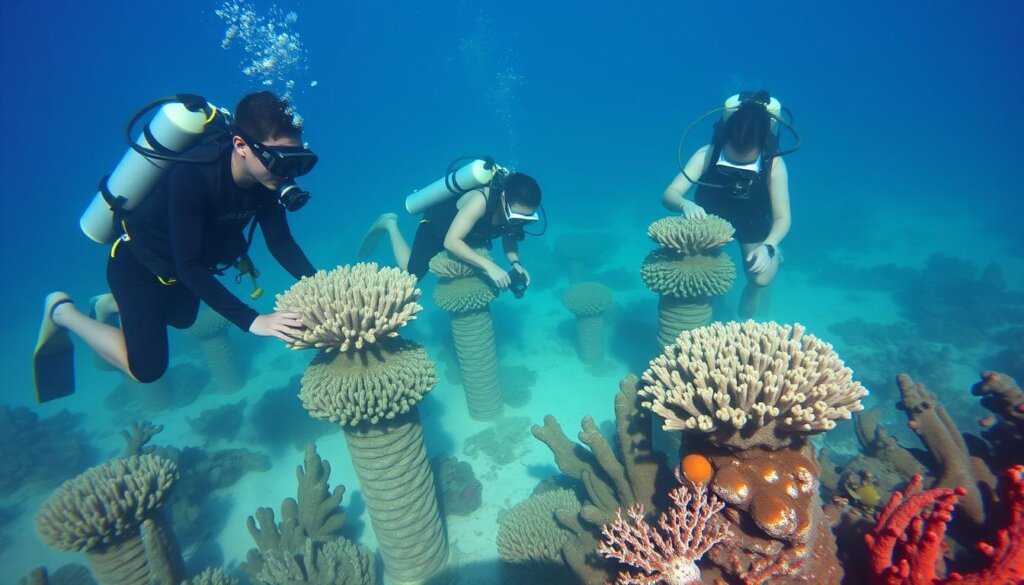 Coral reef restoration project in the Maldives with marine biologists