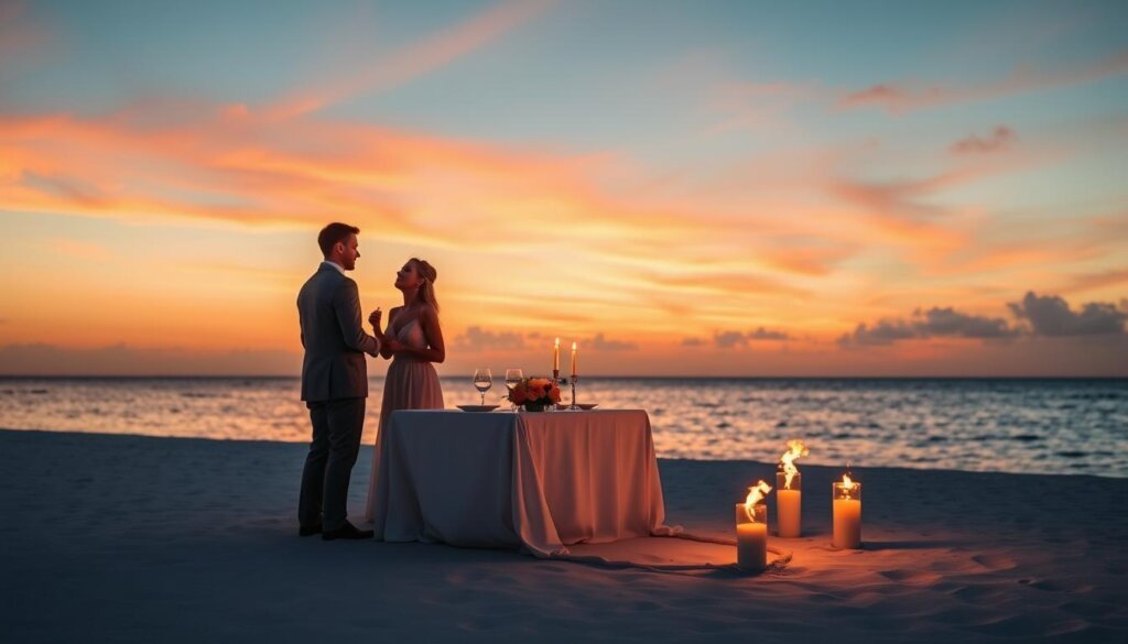 Couple enjoying a romantic dinner on a private sandbank in the Maldives at sunset