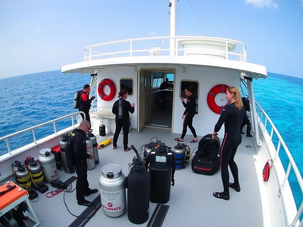 Diving liveaboard boat in the Maldives with divers preparing for a dive