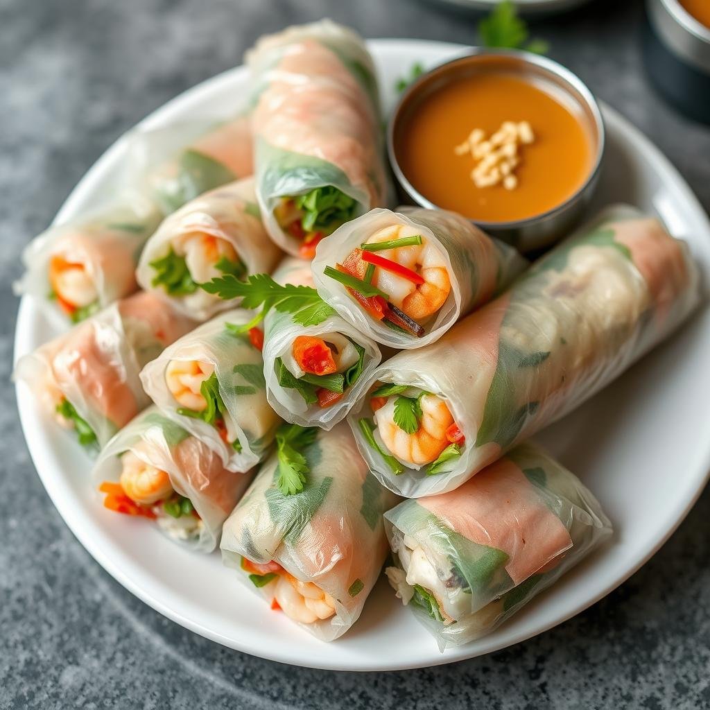 Fresh Vietnamese spring rolls with peanut dipping sauce