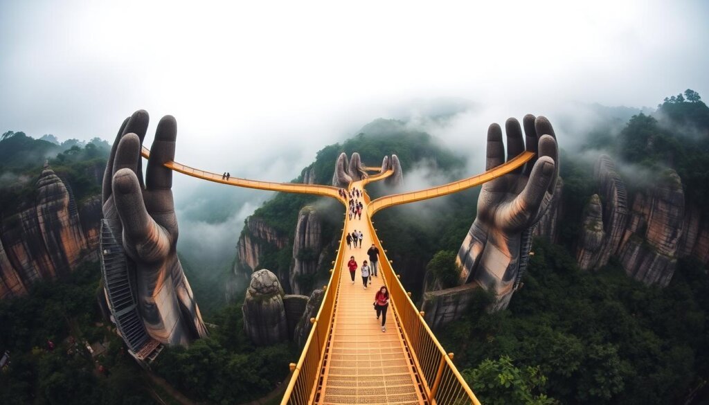 Golden Bridge (Cau Vang) held by giant stone hands at Ba Na Hills, Da Nang