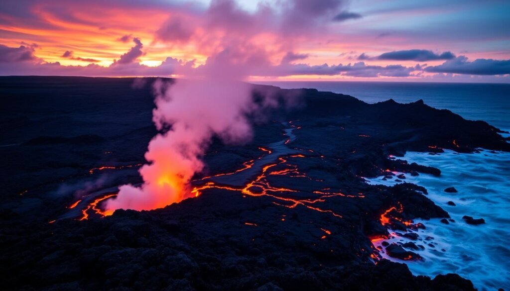 Hawaii Volcanoes National Park with active lava flow at sunset, Hawaii Travel Guide top attraction