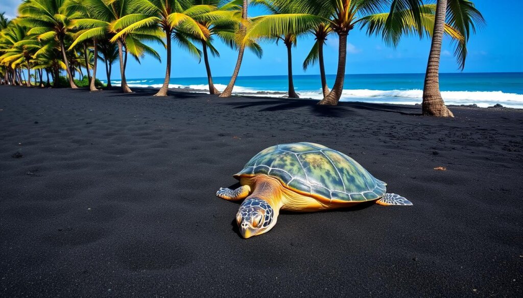 Hawaiian green sea turtle resting on Punalu'u Black Sand Beach, Hawaii Travel Guide wildlife encounter