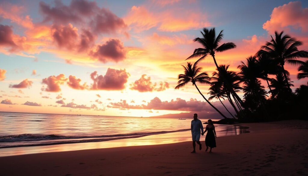 Hawaiian sunset with silhouettes of palm trees and a couple walking on the beach, Hawaii Travel Guide romantic moment