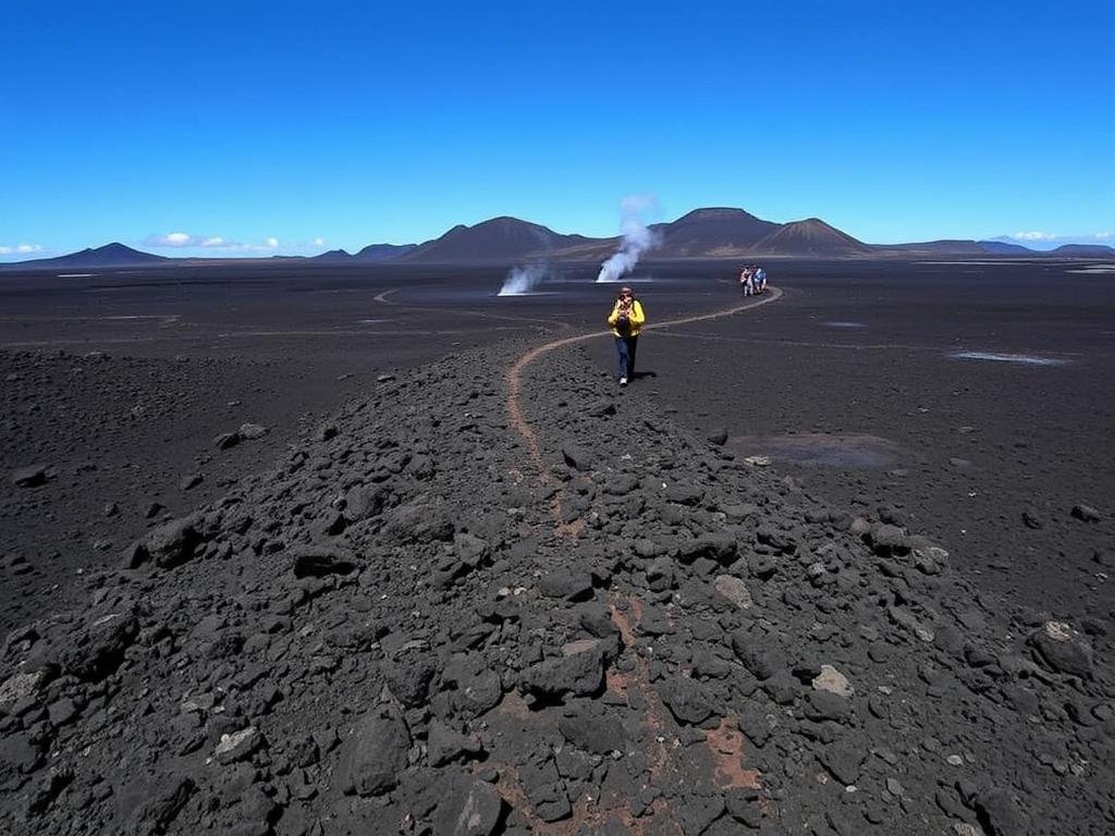Hikers walking on solidified lava fields in Hawaii Volcanoes National Park, Hawaii Travel Guide adventure