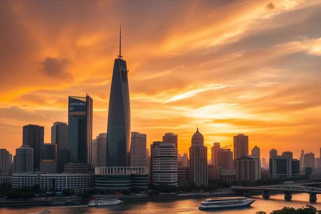 Ho Chi Minh City skyline with Saigon River at sunset