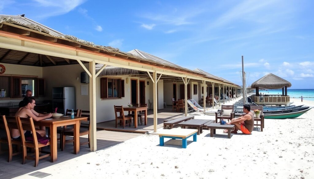 Local island guesthouse in Maafushi with beachfront dining area