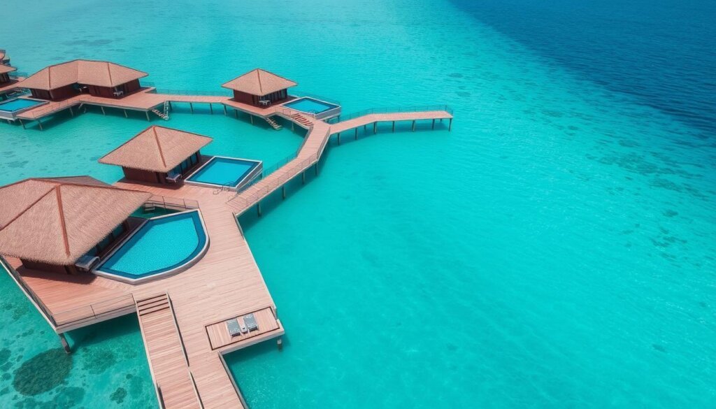 Luxury overwater villas in the Maldives with steps leading directly into the turquoise lagoon
