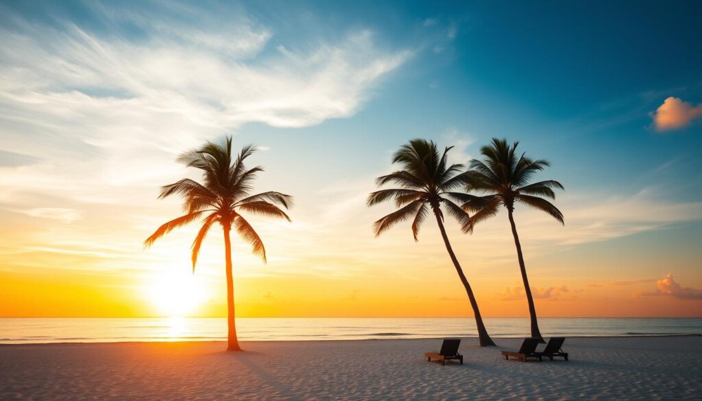 Maldives beach during sunset in peak season with perfect weather conditions
