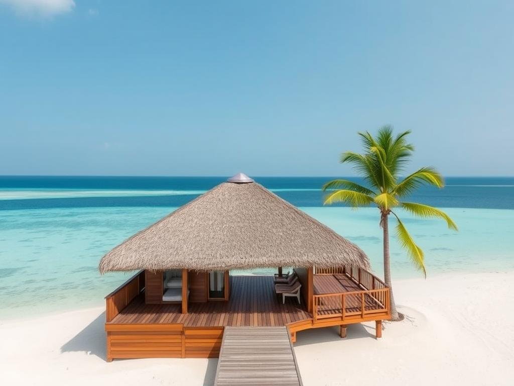 Meeru Island Resort beach bungalow with ocean view in the Maldives