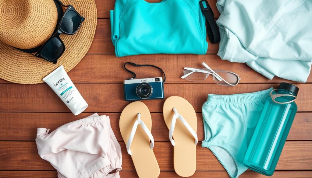 Packing essentials for a Maldives vacation including reef-safe sunscreen, hat, and underwater camera