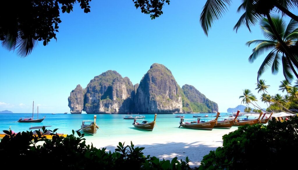 Railay Beach in Krabi with dramatic limestone cliffs and turquoise waters - Thailand travel guide beach destination