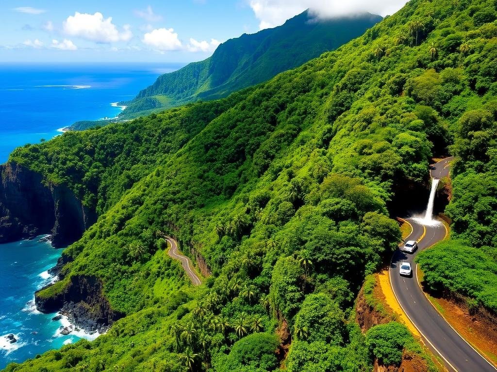 Road to Hana in Maui with lush tropical landscape and waterfall, Hawaii Travel Guide scenic drive