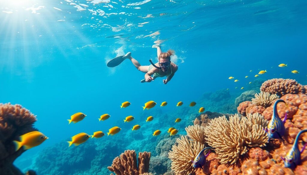 Snorkeler exploring vibrant coral reef with tropical fish in the Maldives