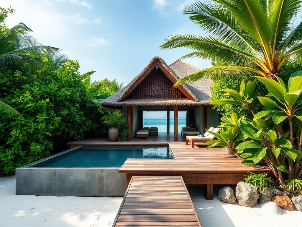 Soneva Fushi beachfront villa surrounded by lush vegetation in the Maldives
