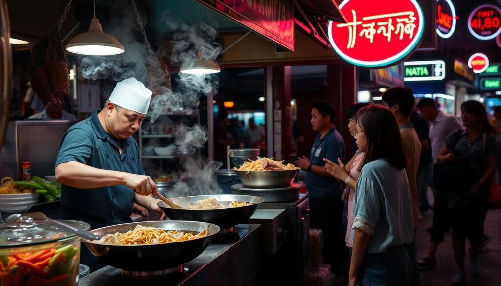 Street food vendor preparing authentic Thai dishes in Bangkok night market - Thailand travel guide budget dining
