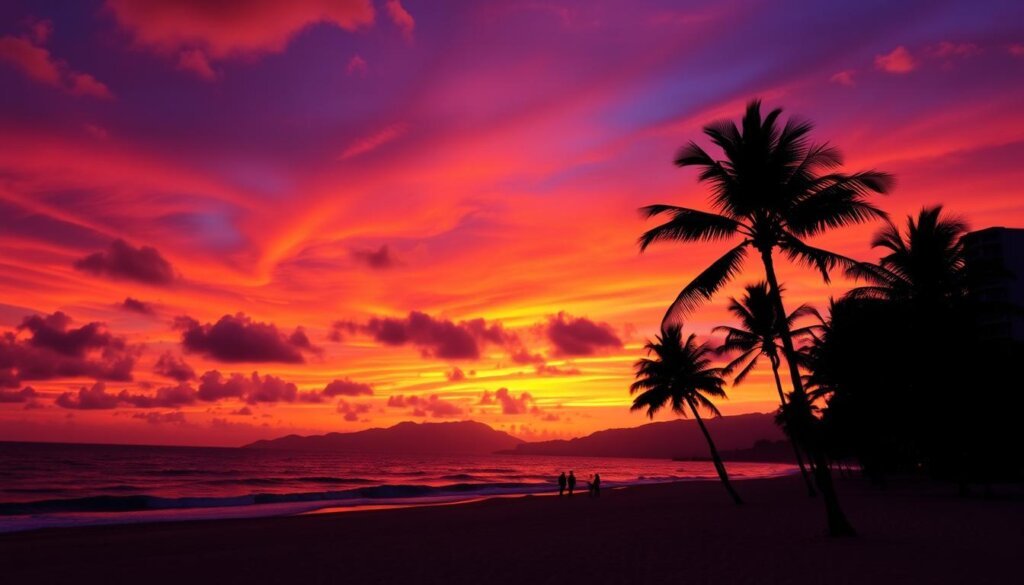 Sunset over Waikiki Beach with palm trees silhouetted against an orange and purple sky, Hawaii Travel Guide essential view