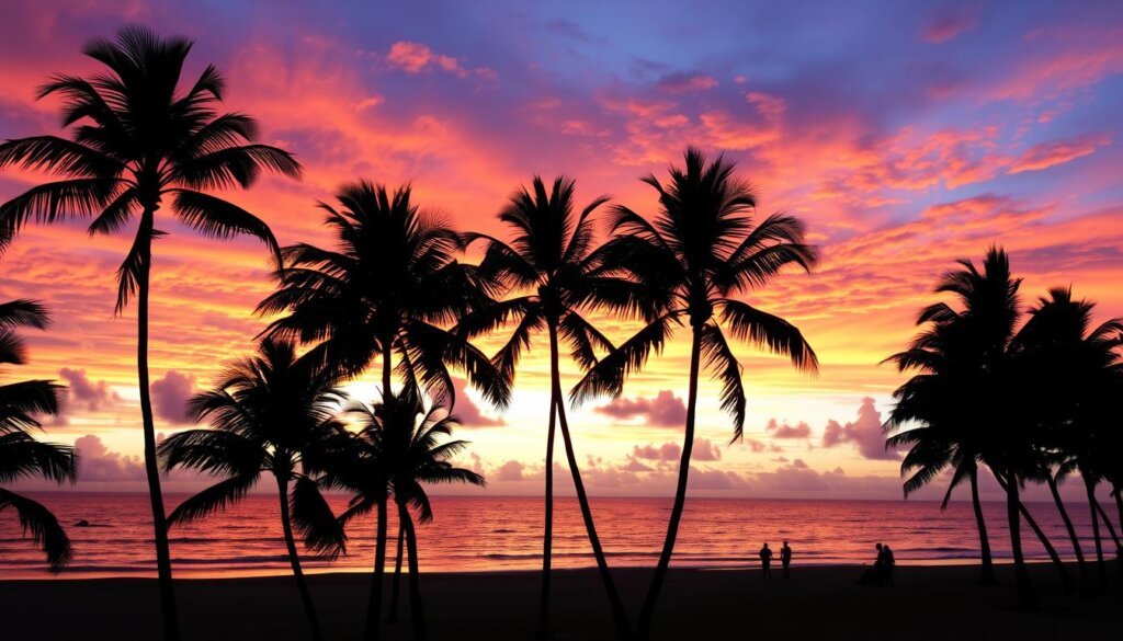 Sunset over a Hawaiian beach with palm trees silhouetted against the colorful sky, Hawaii Travel Guide paradise view