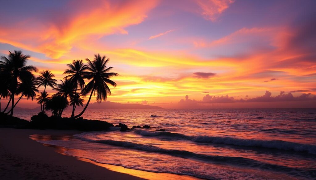Sunset over a tropical beach in Thailand with palm trees silhouetted against an orange and purple sky - Thailand travel guide paradise view