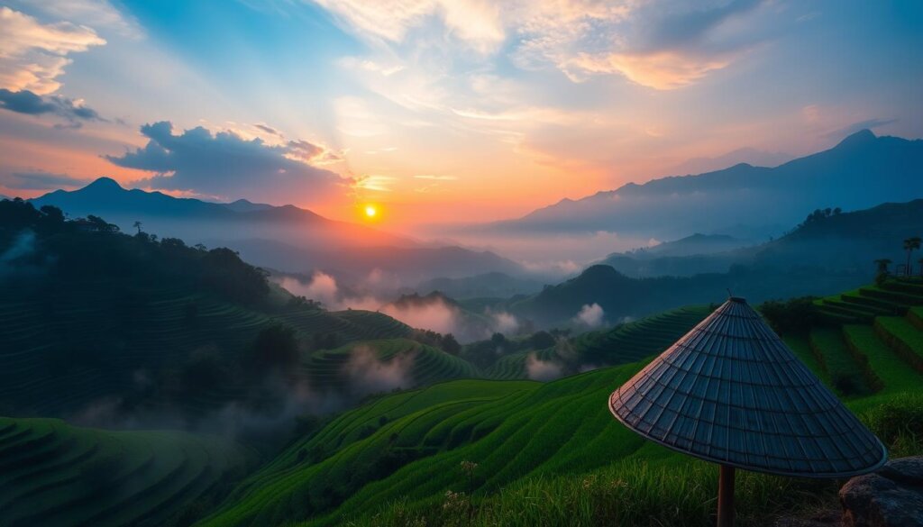 Sunset over rice terraces in Vietnam with traditional Vietnamese hat in foreground